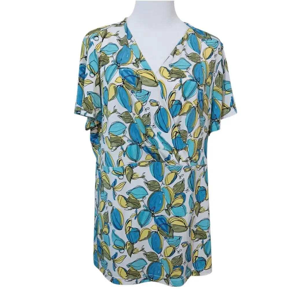 Alfani Beautiful Abstract Floral Blouse Top Plus 2X Stretchy Short Sleeves VNeck